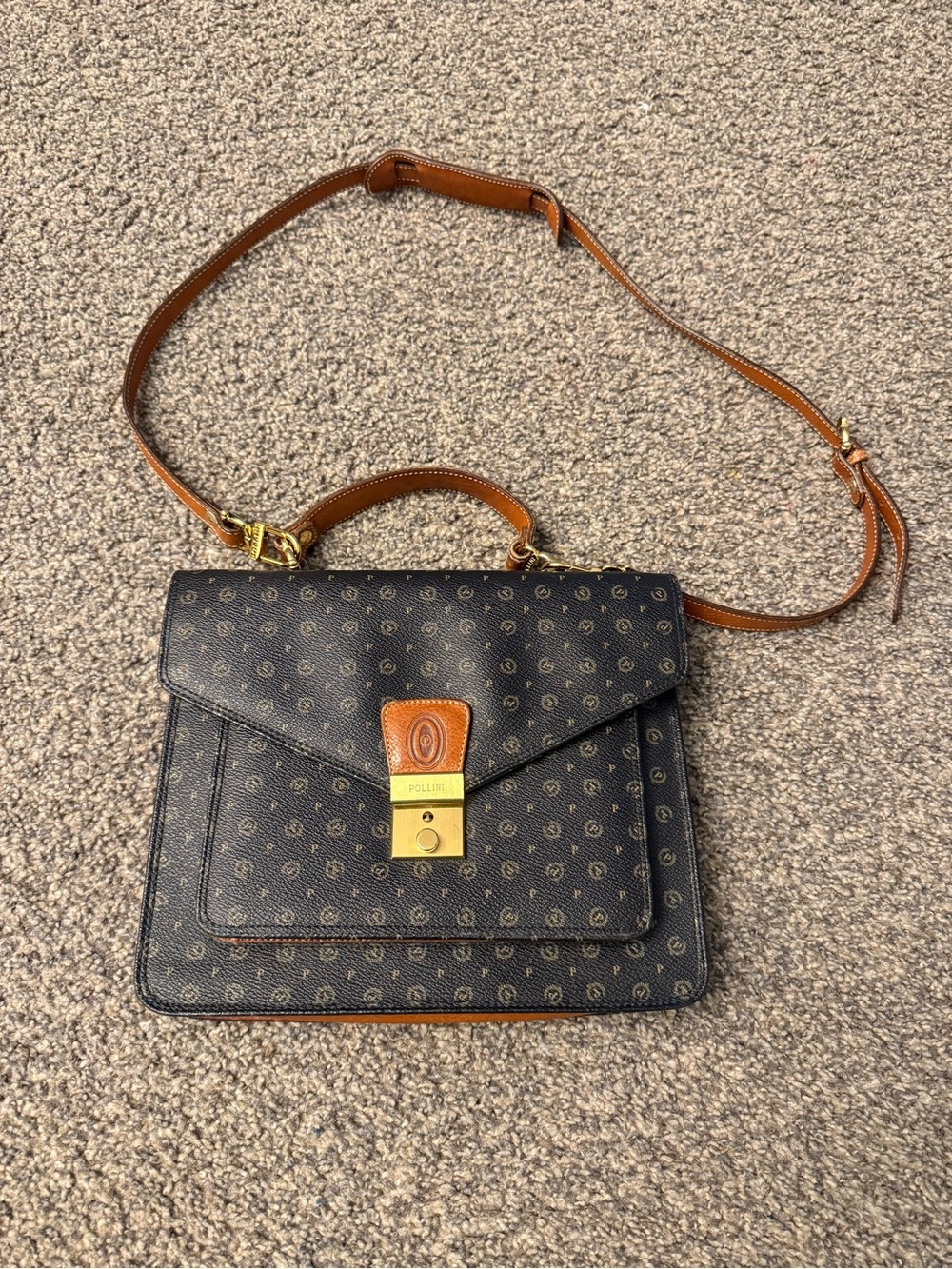 Vintage Pollini Monogram Leather Satchel Bag Italy Dark Academia